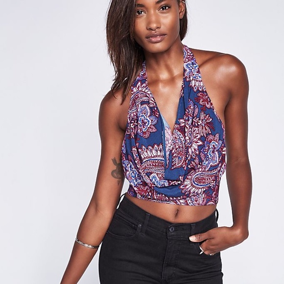 Free People FP Forever Young Paisley Print Cowl Neck Halter Tie Tank Crop Top - Picture 1 of 15